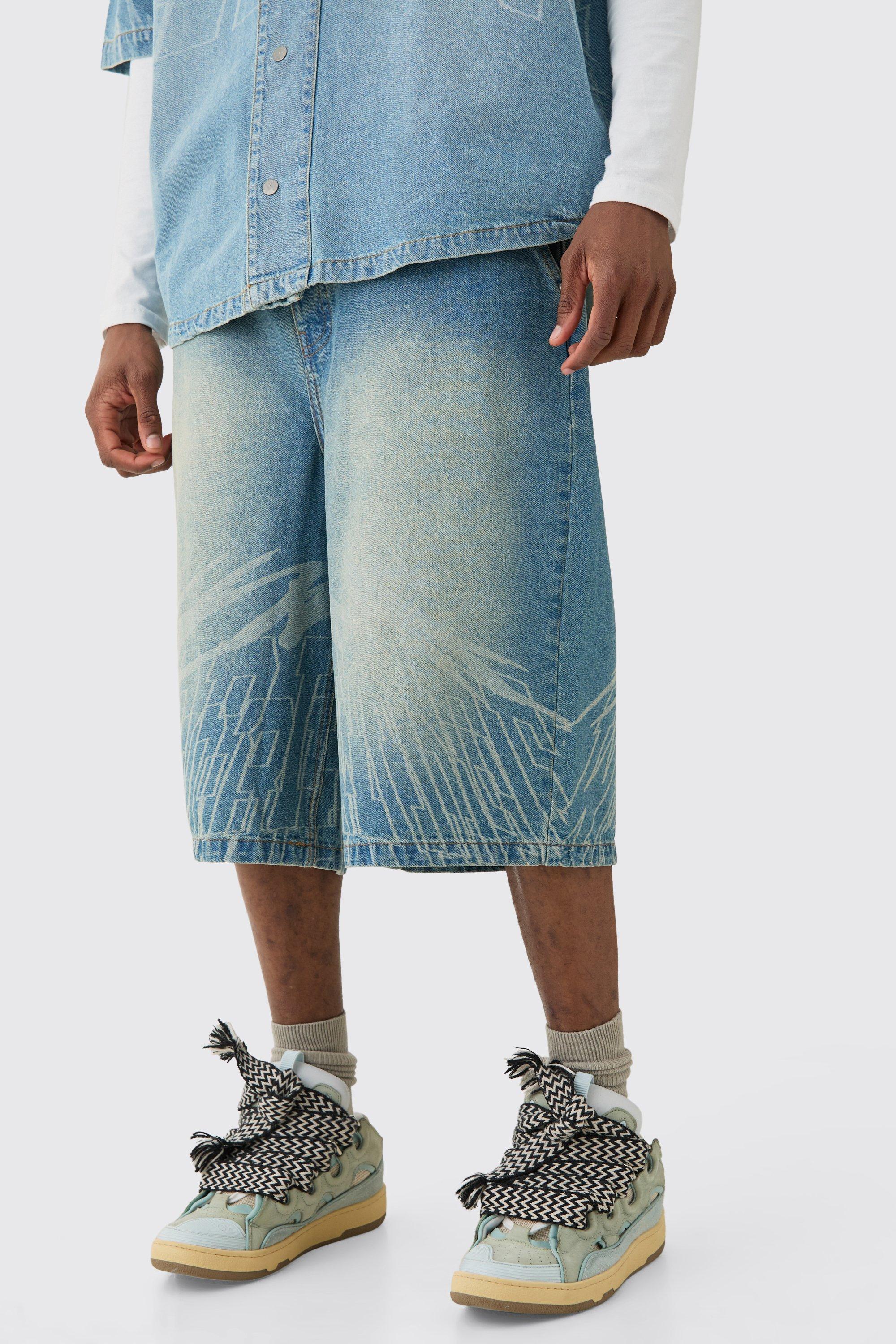 Mens Blue Tall Printed Graphic Denim Jorts, Blue